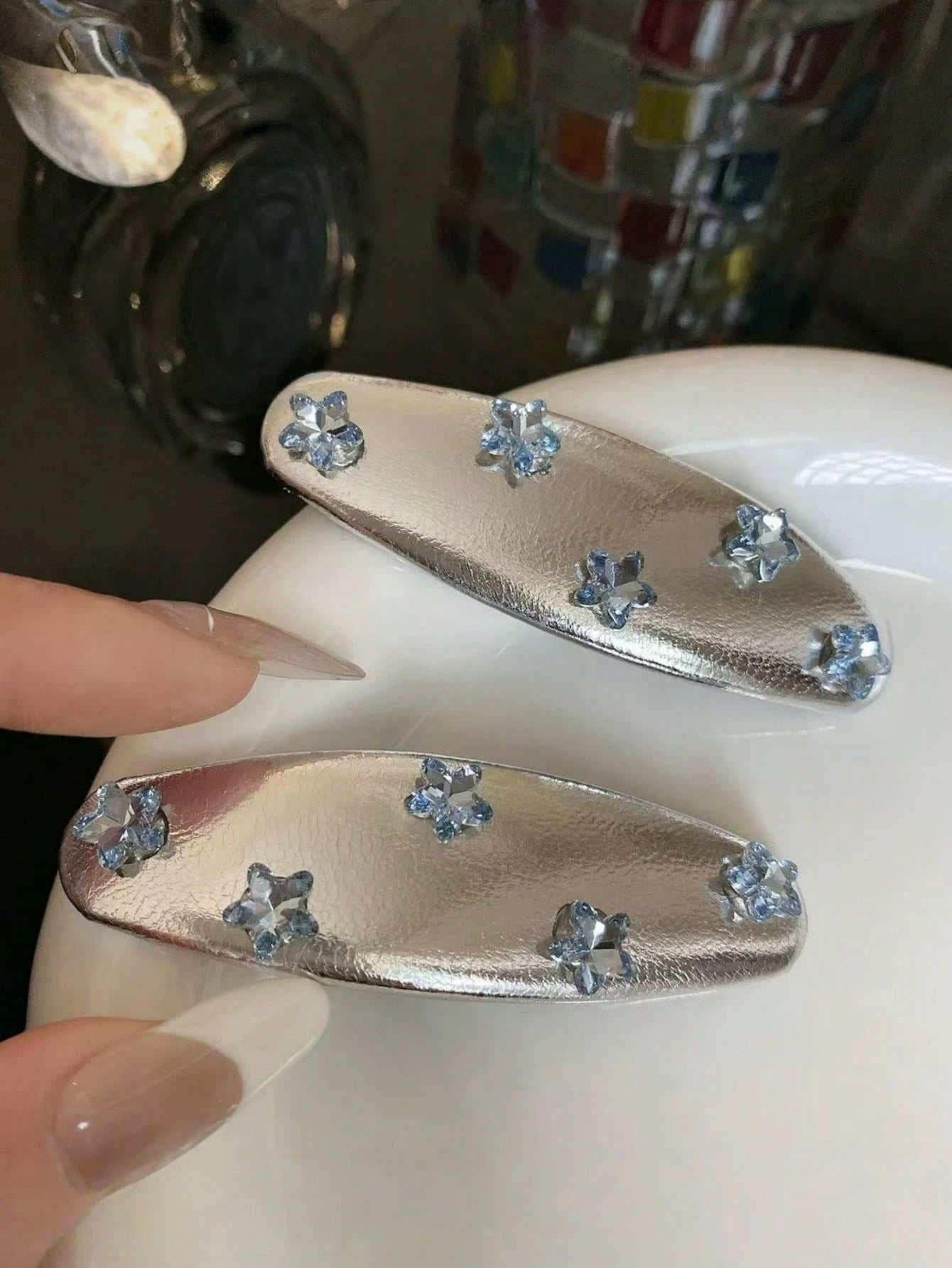 2pcs Street Style Blue Rhinestone Star Silver Hair Clips