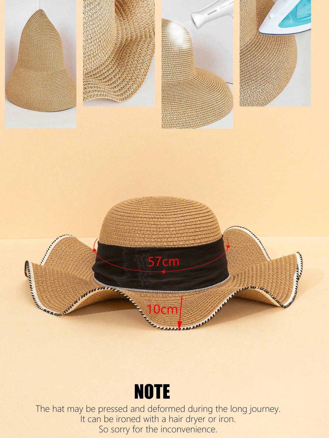 1pc Wavy Beach Sun Hat With Bow Wide Brim Straw Hat