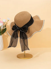 1pc Wavy Beach Sun Hat With Bow Wide Brim Straw Hat