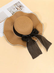 1pc Wavy Beach Sun Hat With Bow Wide Brim Straw Hat