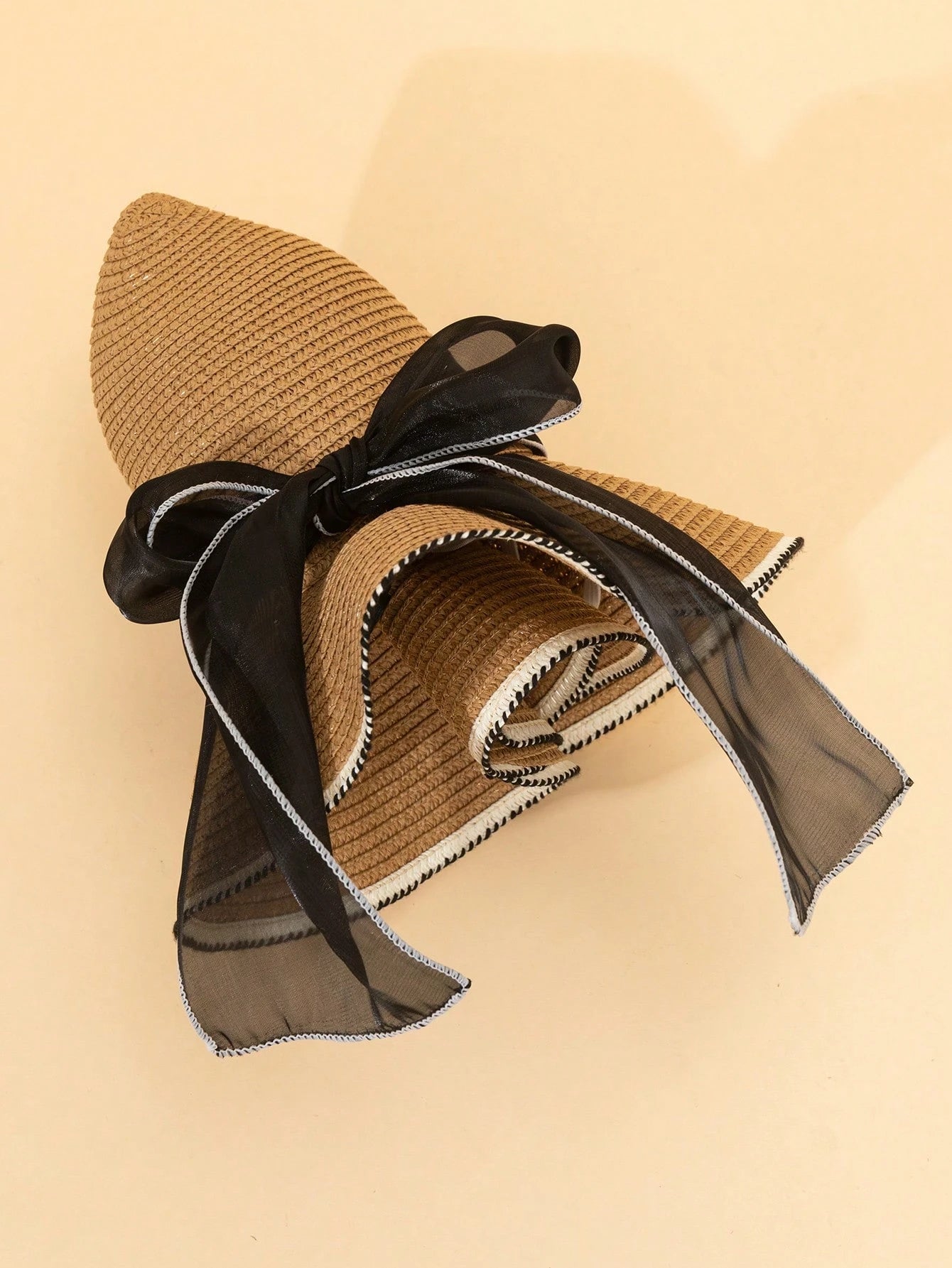 1pc Wavy Beach Sun Hat With Bow Wide Brim Straw Hat