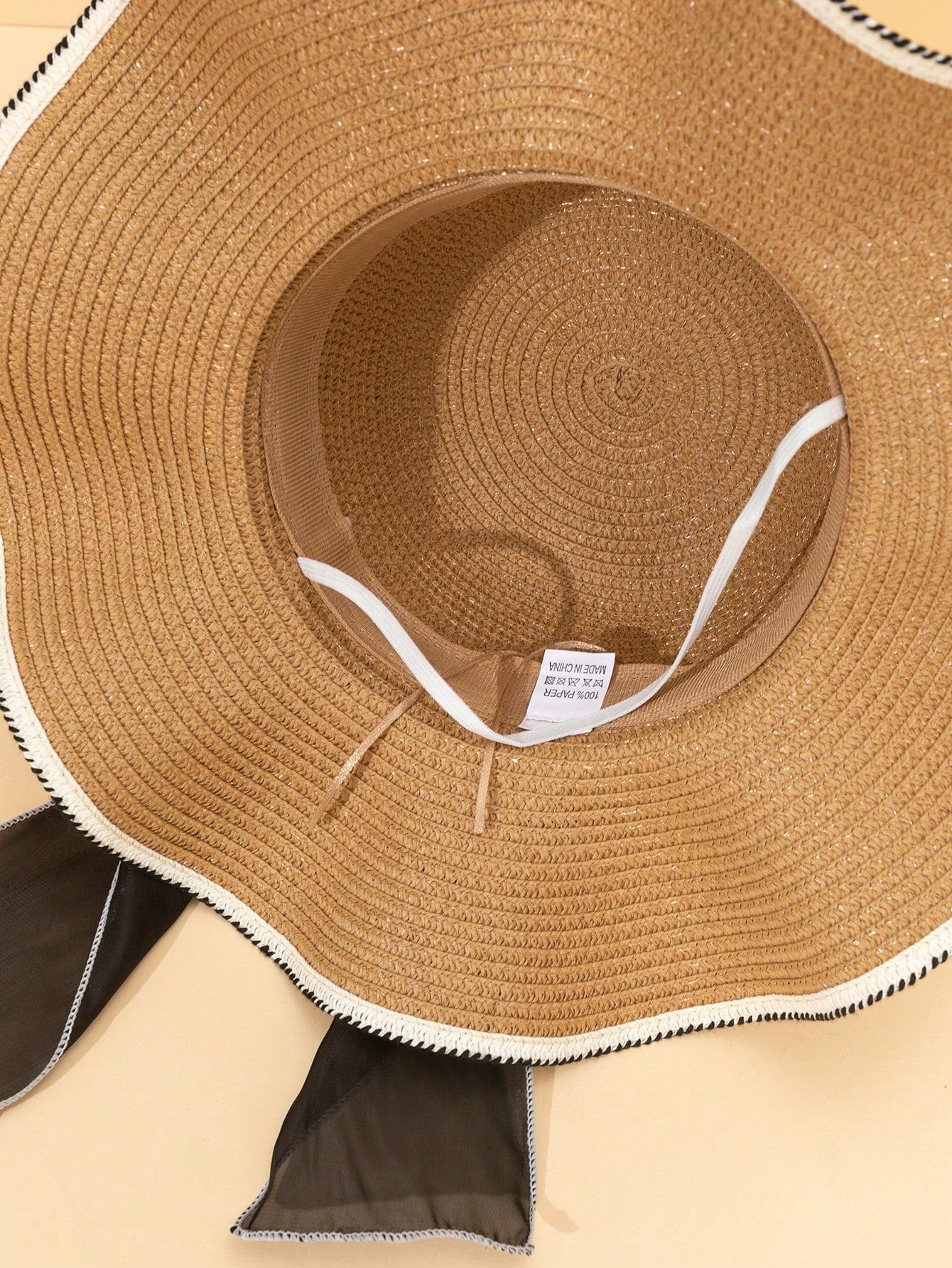 1pc Wavy Beach Sun Hat With Bow Wide Brim Straw Hat