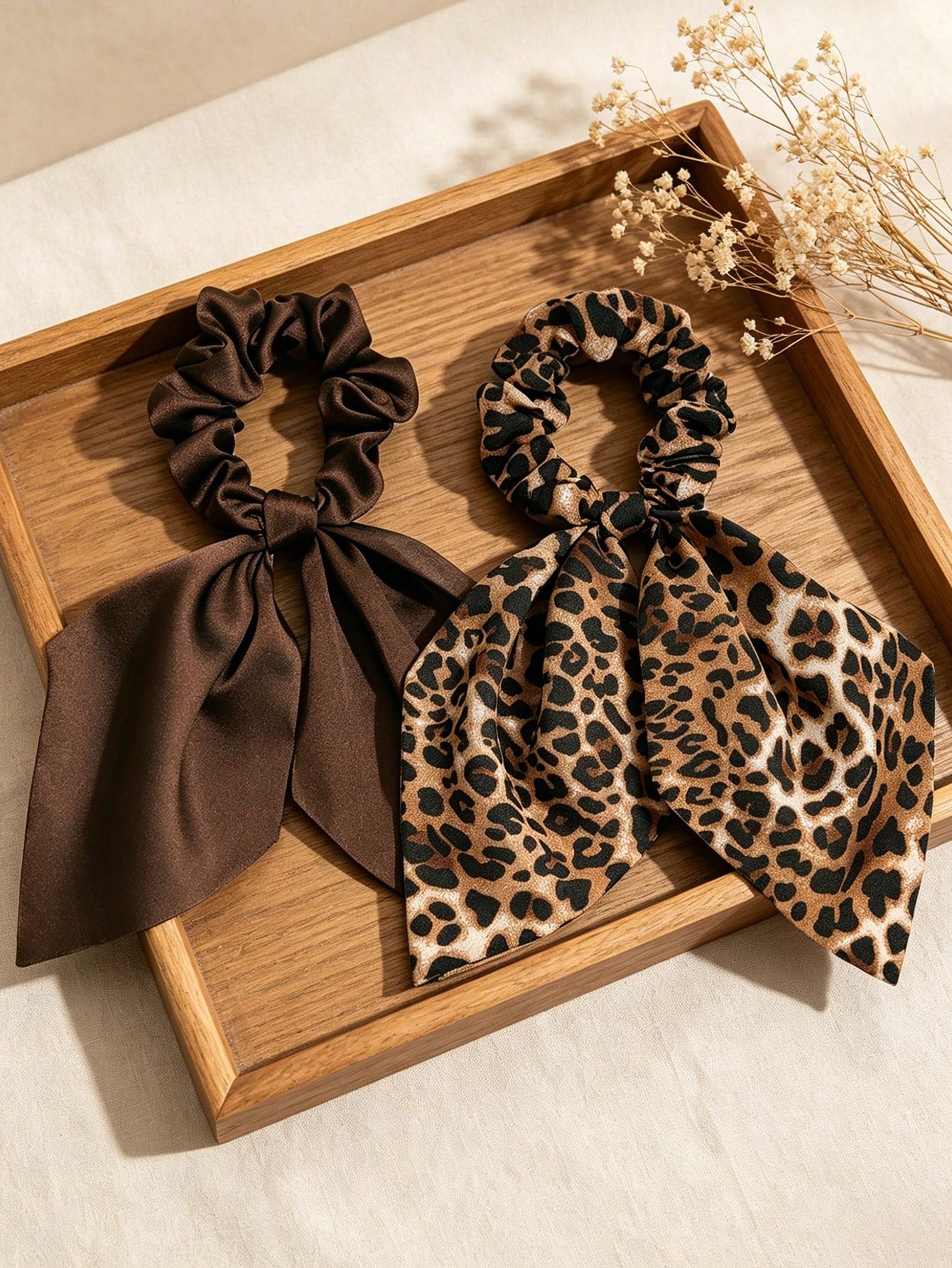 2pc Satin Leopard Print Long Scarf Scrunchie Set