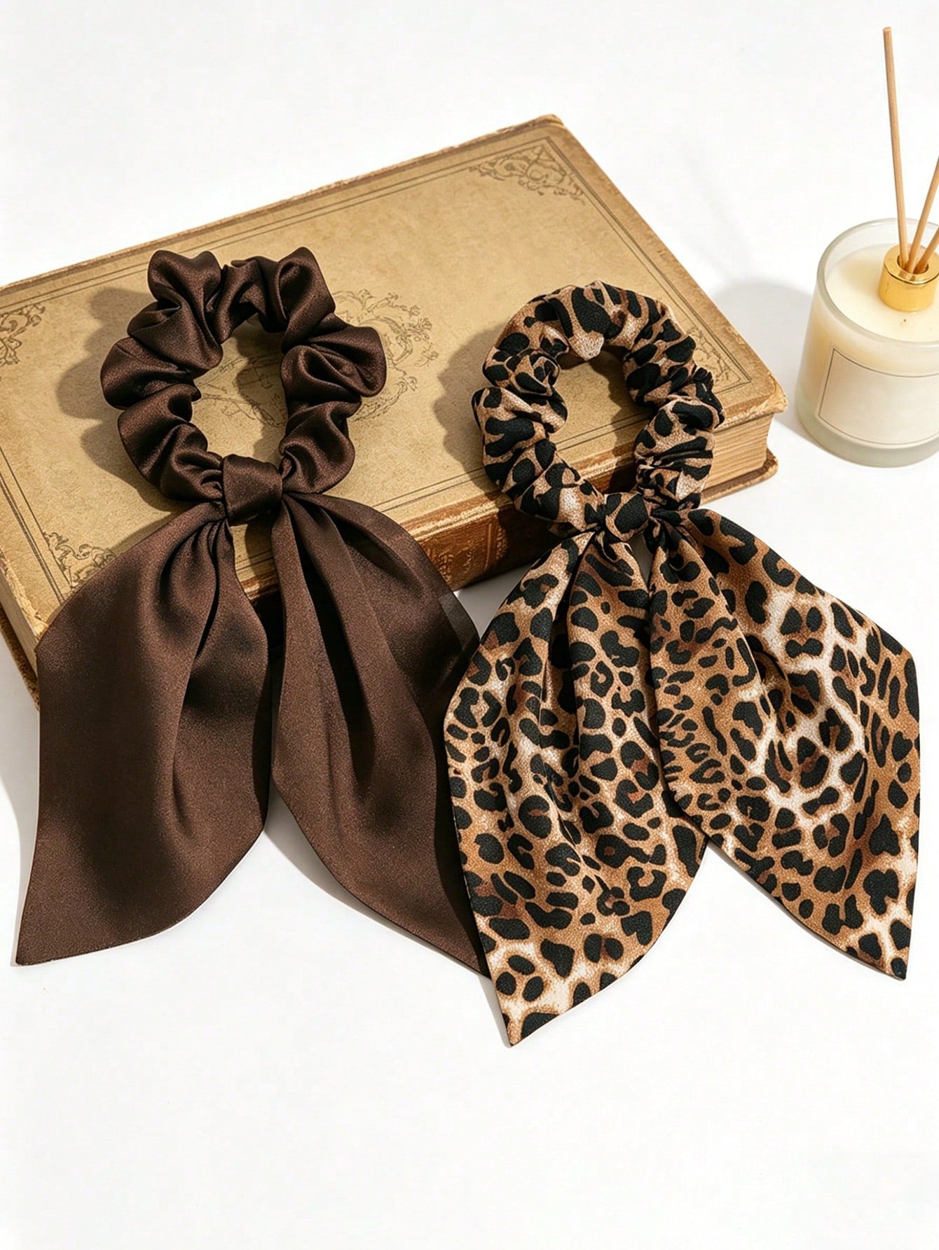 2pc Satin Leopard Print Long Scarf Scrunchie Set
