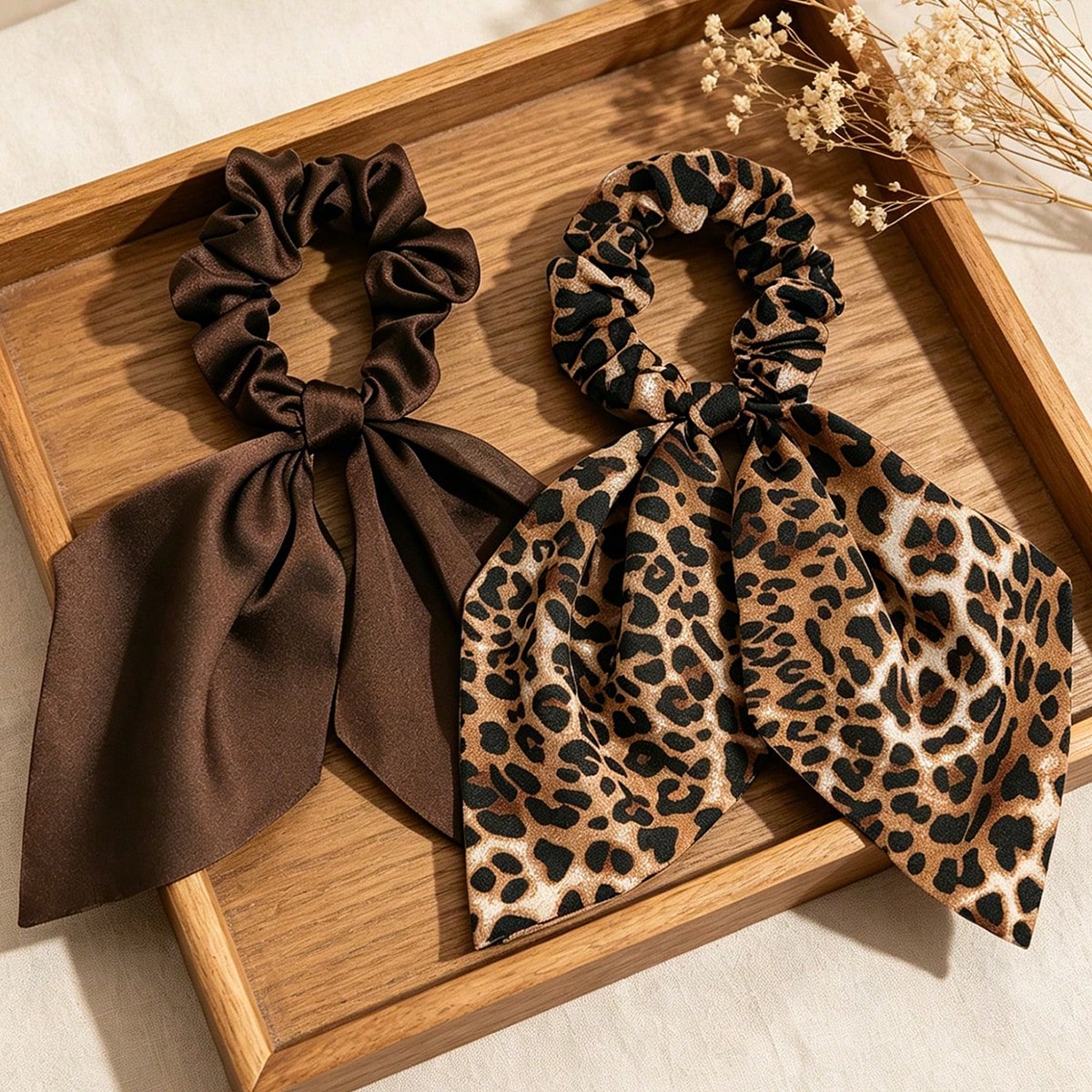 2pc Satin Leopard Print Long Scarf Scrunchie Set
