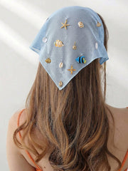 1pc Original Floral Pattern Embroidered Rolled Edge Starfish Seashell Scarf