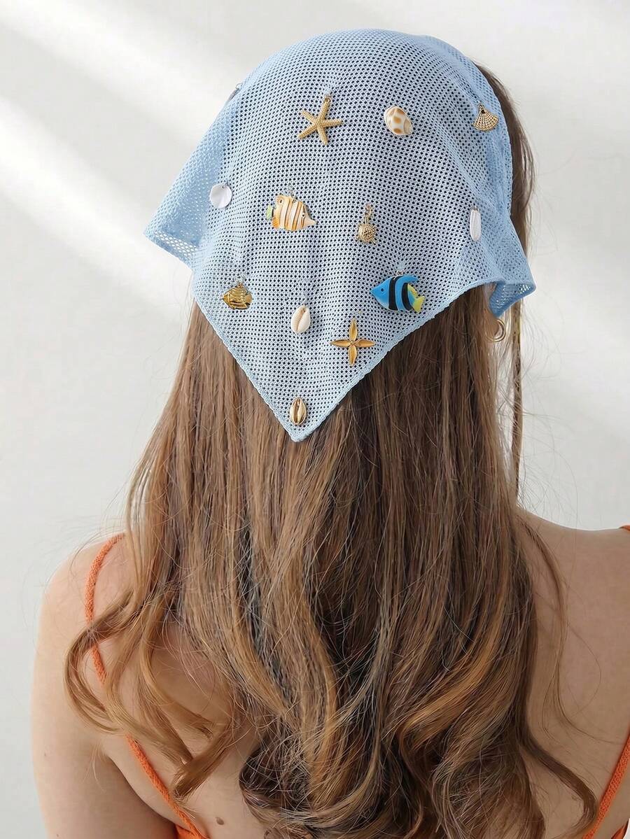 1pc Original Floral Pattern Embroidered Rolled Edge Starfish Seashell Scarf