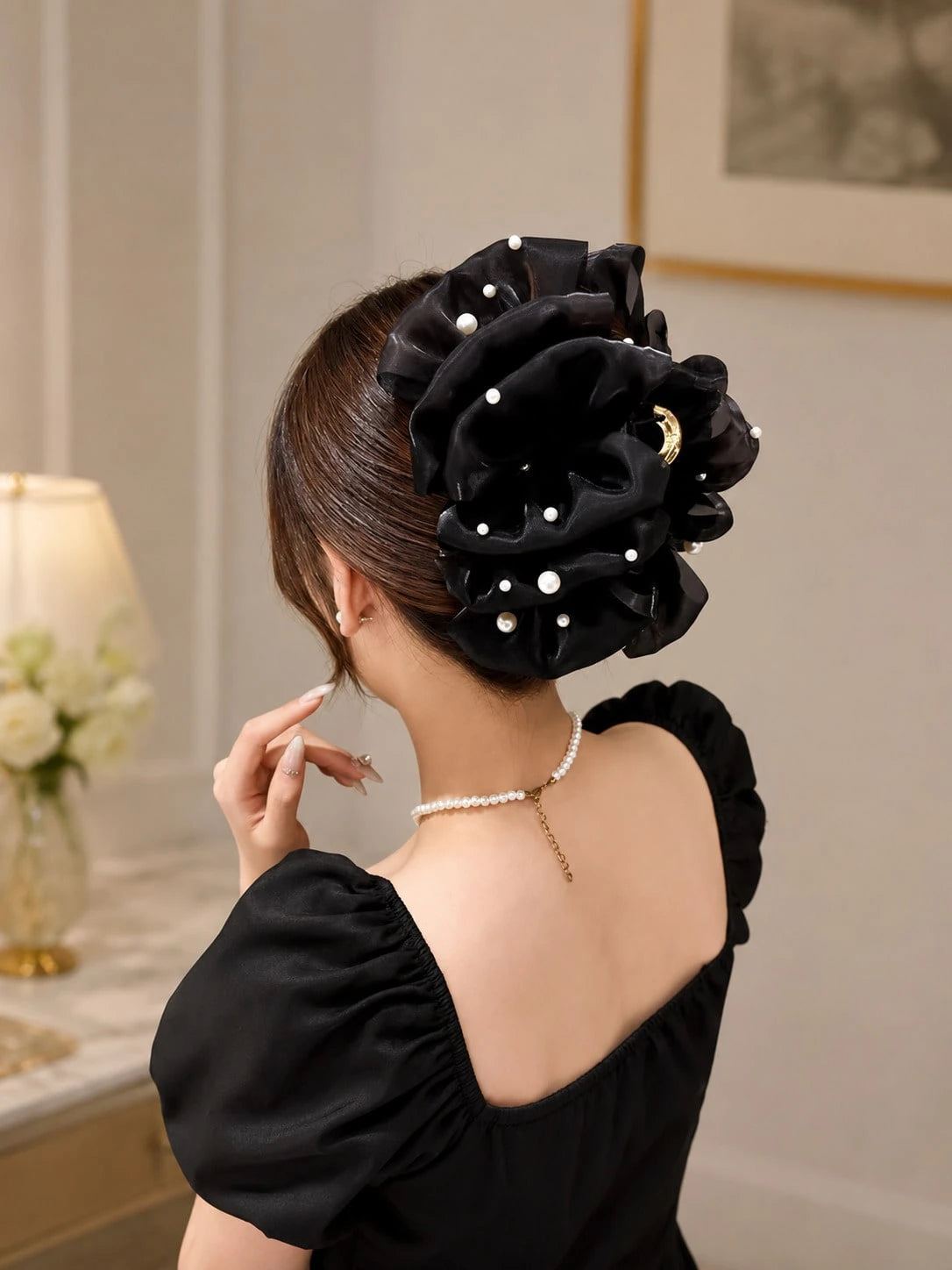 1pc Large Organza Pearl Hair Claw Clip