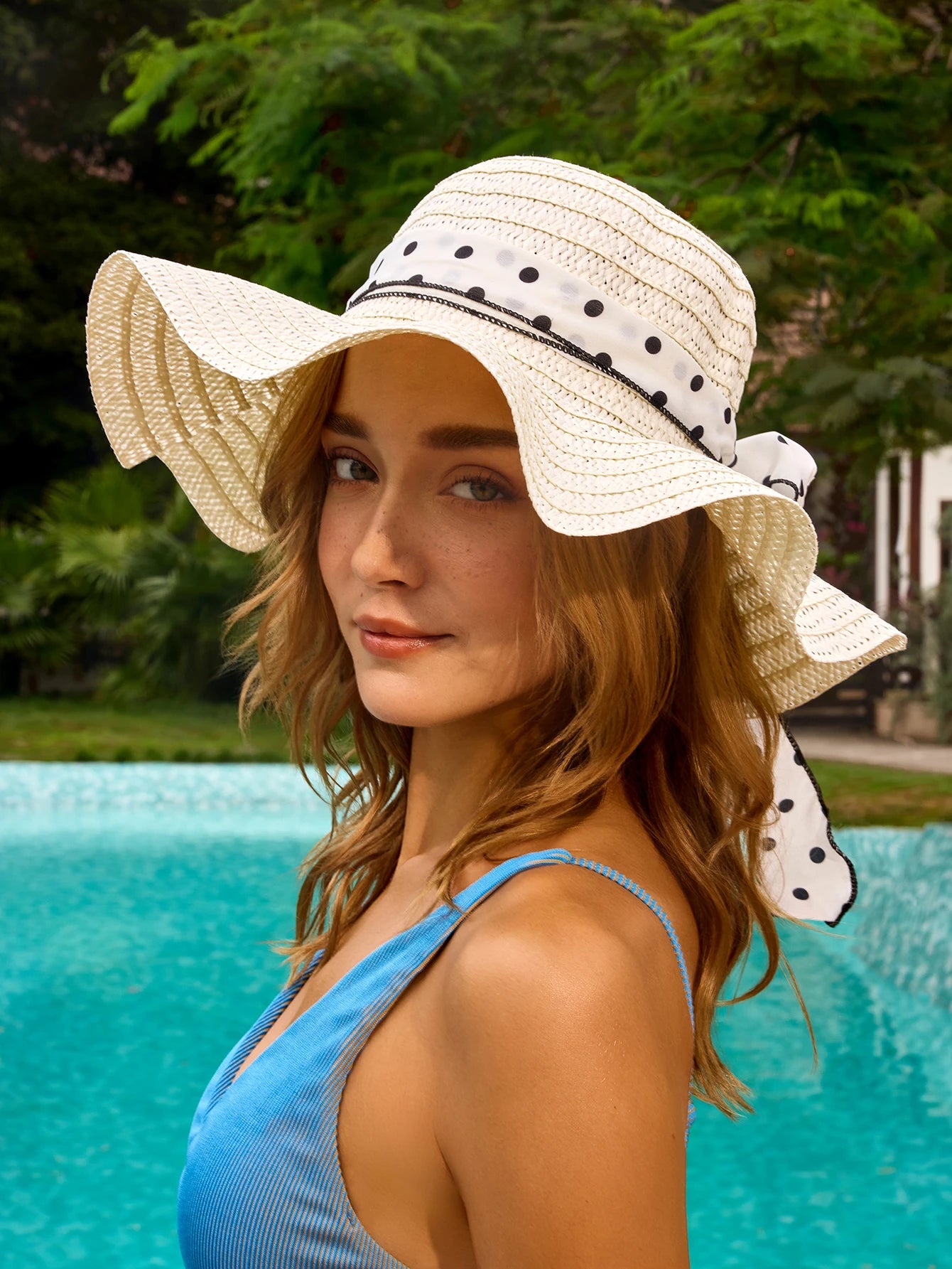 1pc Summer White Wavy Polka Dot Bow Beach Sun Hat