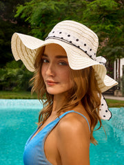 1pc Summer White Wavy Polka Dot Bow Beach Sun Hat