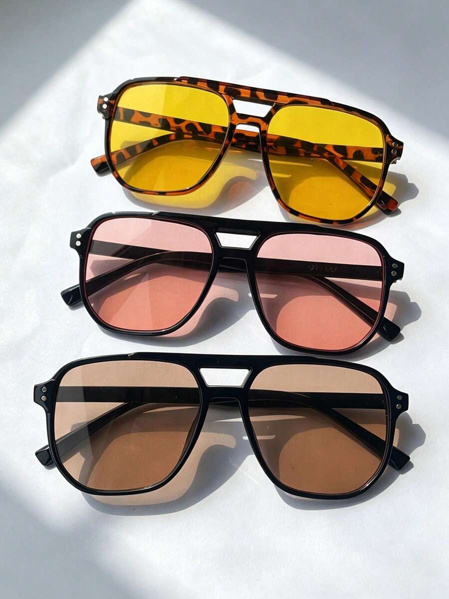 3pc Double Bridge Square Rivet Sunglasses Set