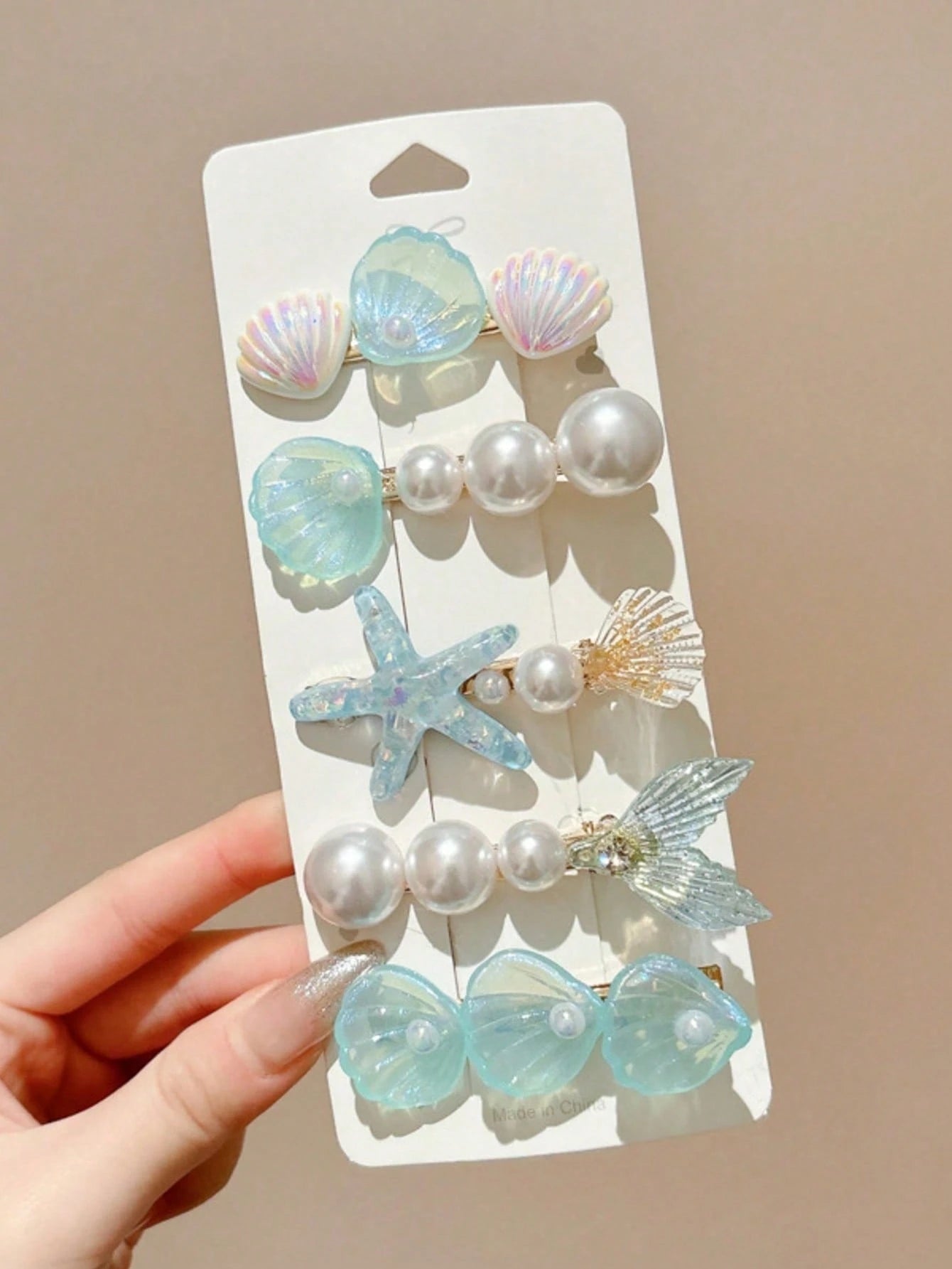 5pcs Women Blue Starfish & Seashell Mermaid Tail Flat Hair Claw Clips