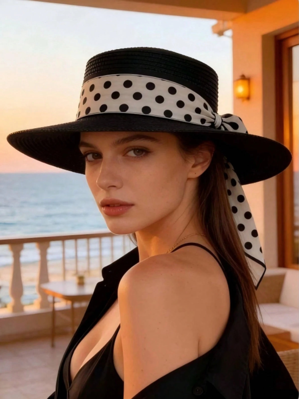 1pc Summer Wide Brim Beach Hat, Polka Dot Ribbon Sun Hat