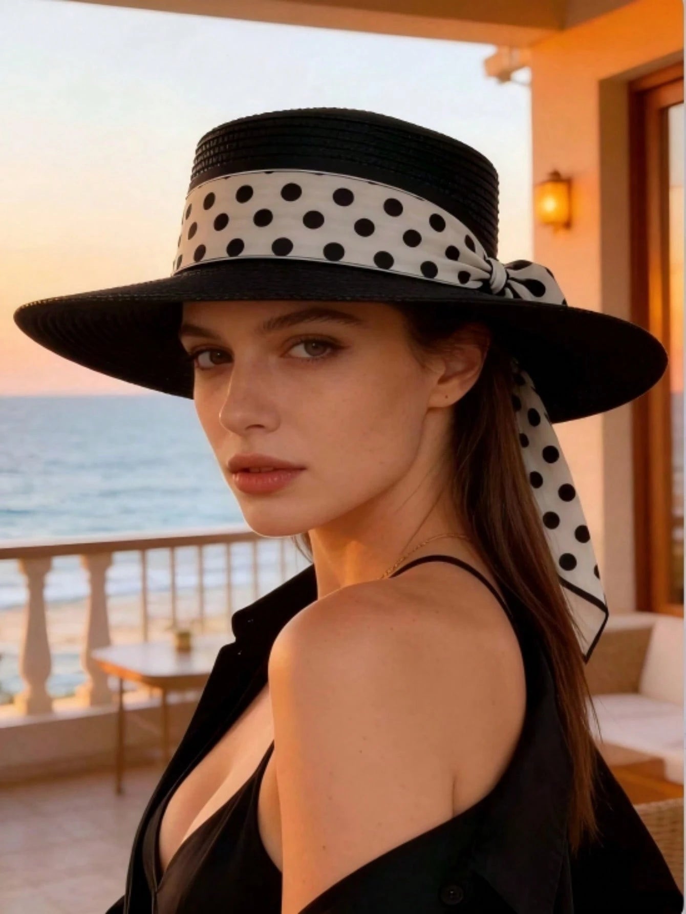 1pc Summer Wide Brim Beach Hat, Polka Dot Ribbon Sun Hat