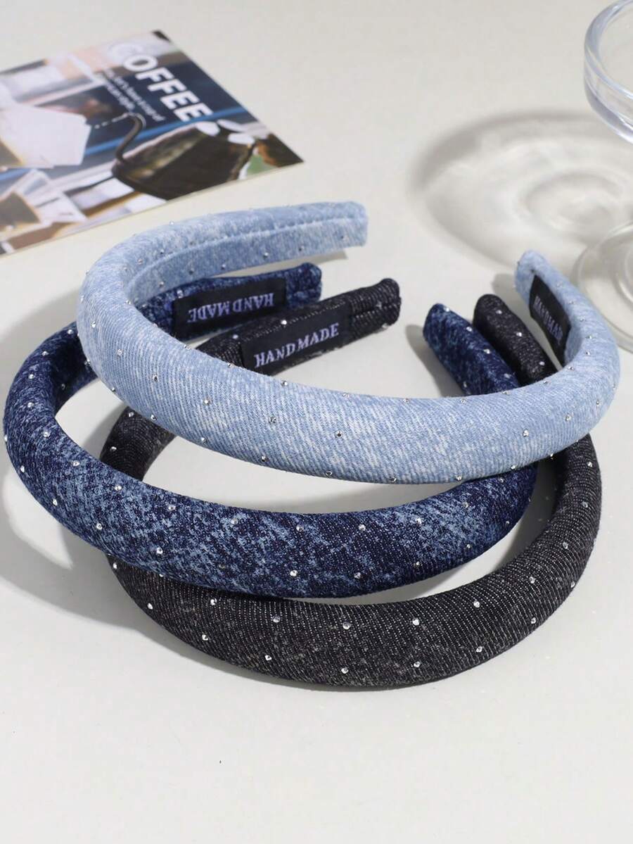 3pcs Elegant Denim Rhinestone Headbands Suitable For Daily Wear Hairband - www.thetreasurebox.me