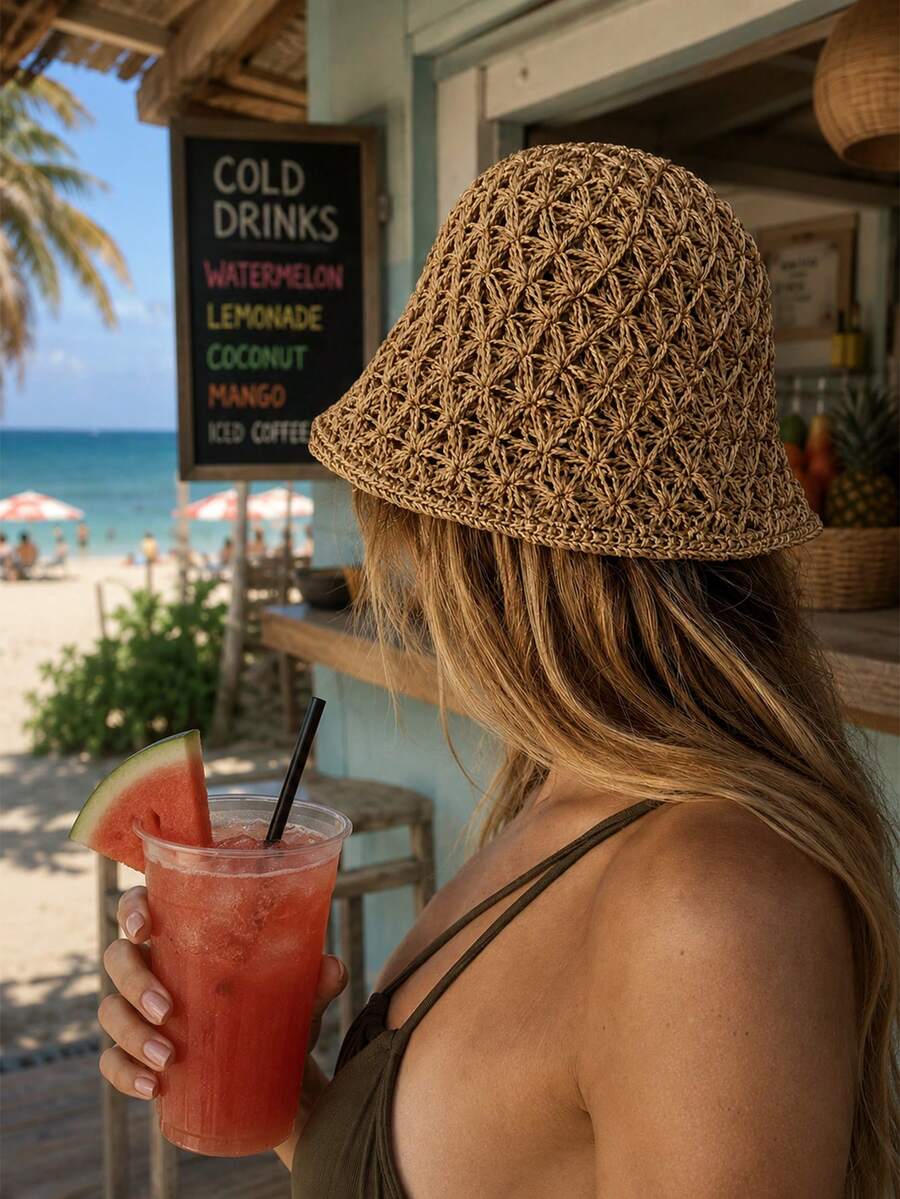 1PC Hollow Crochet Straw Bucket Hat