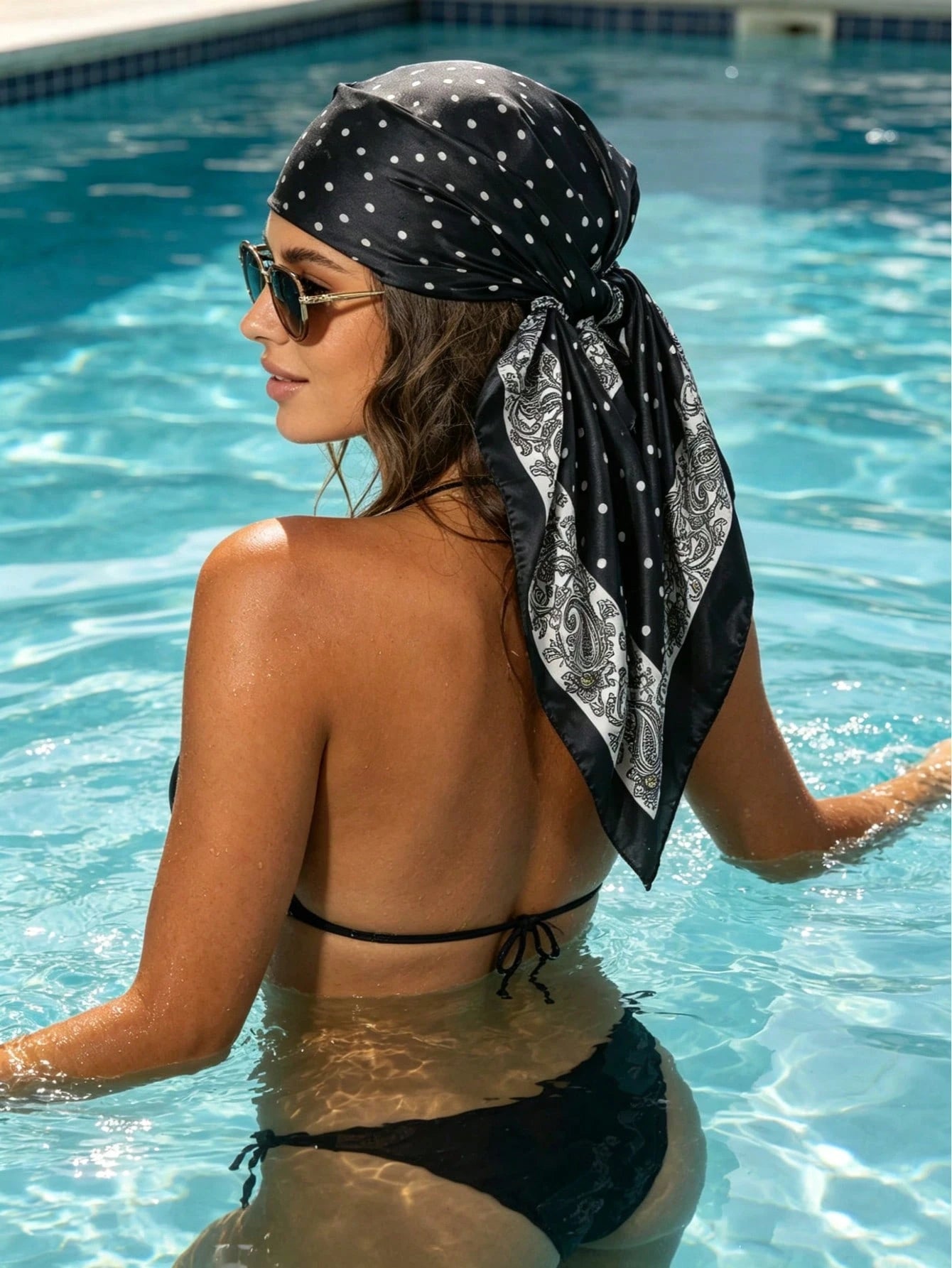 1pc Black Small Polka Dot Paisley Print Square Scarf