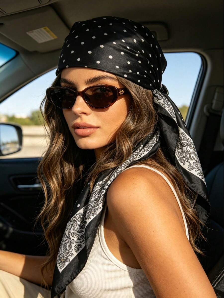 1pc Black Small Polka Dot Paisley Print Square Scarf