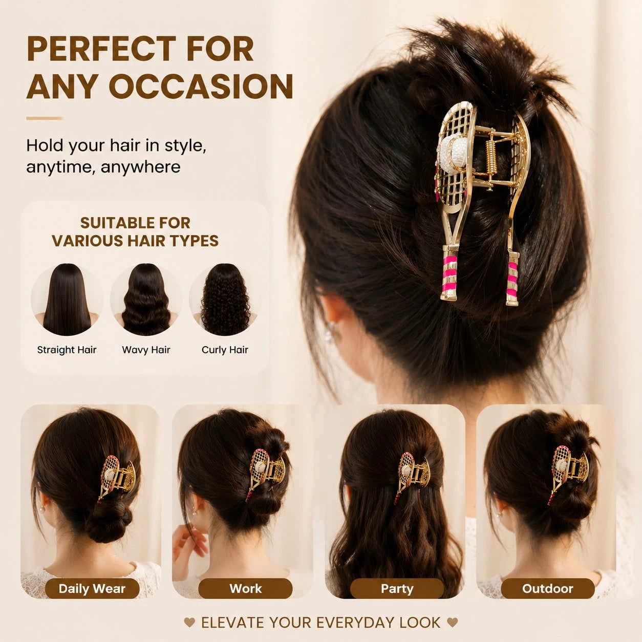 1PC New Creative Tennis Racket Shaped Metal Women's Hair Claw - www.thetreasurebox.me
