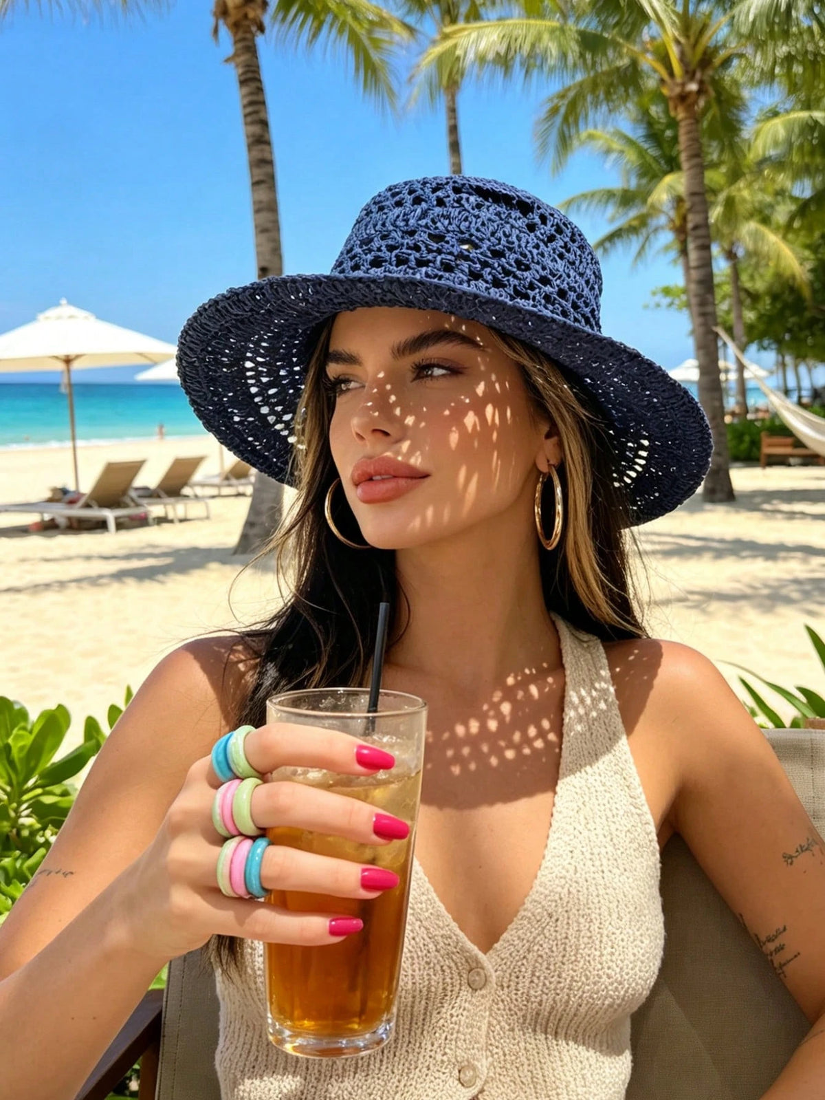 1pc Solid Color Hollow Out Handmade Straw Hat