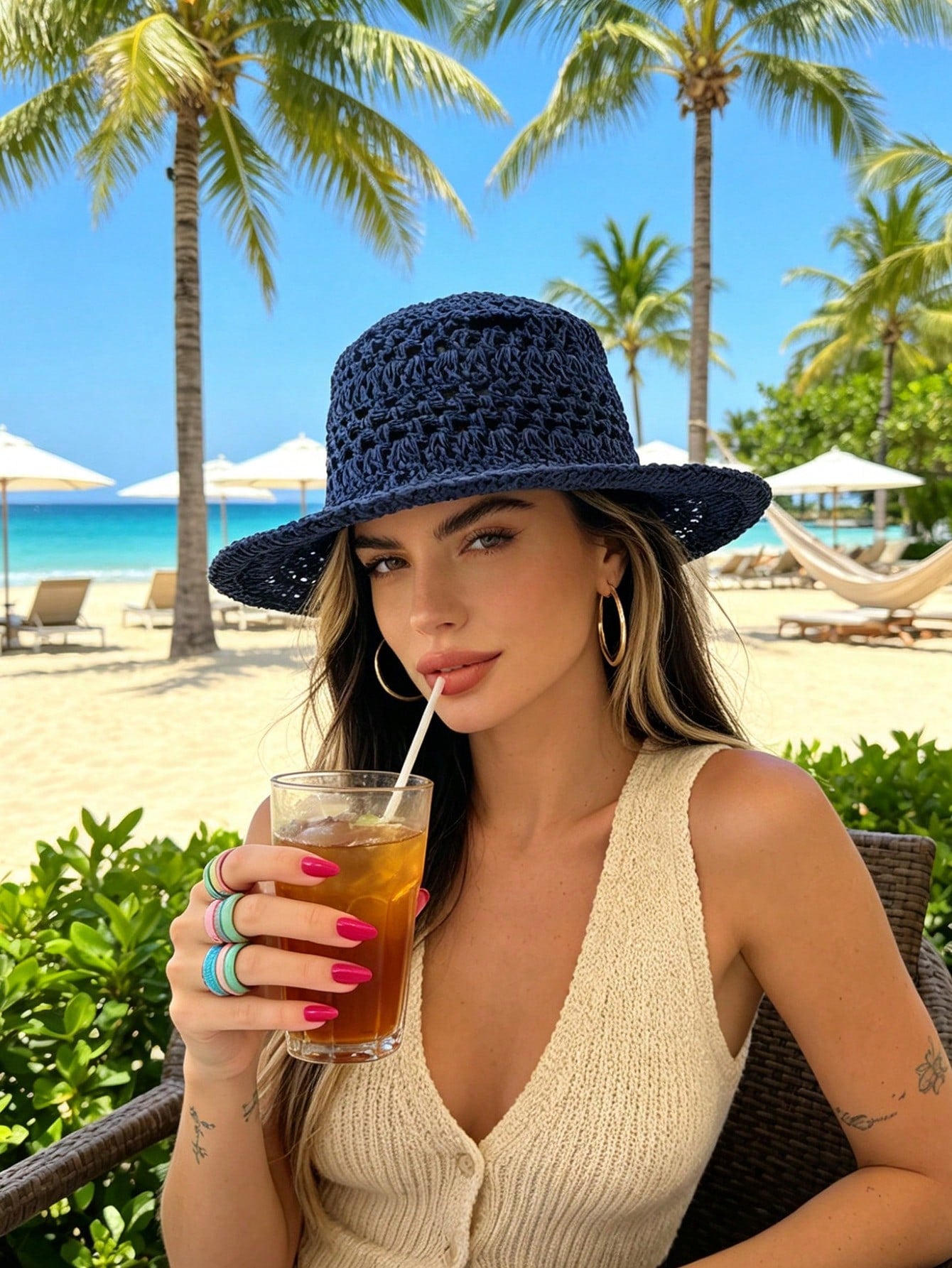 1pc Solid Color Hollow Out Handmade Straw Hat