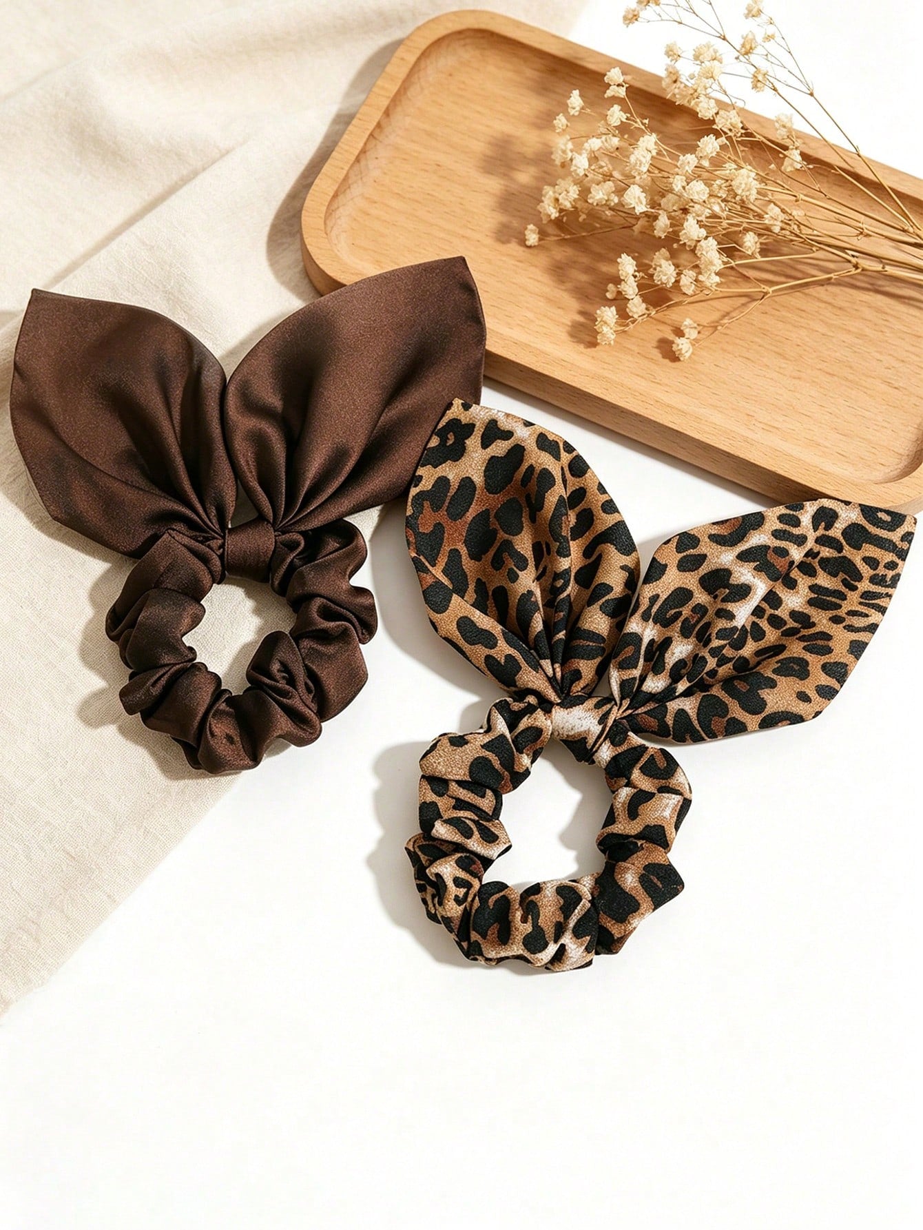 2pc Satin Leopard Print Long Scarf Scrunchie Set