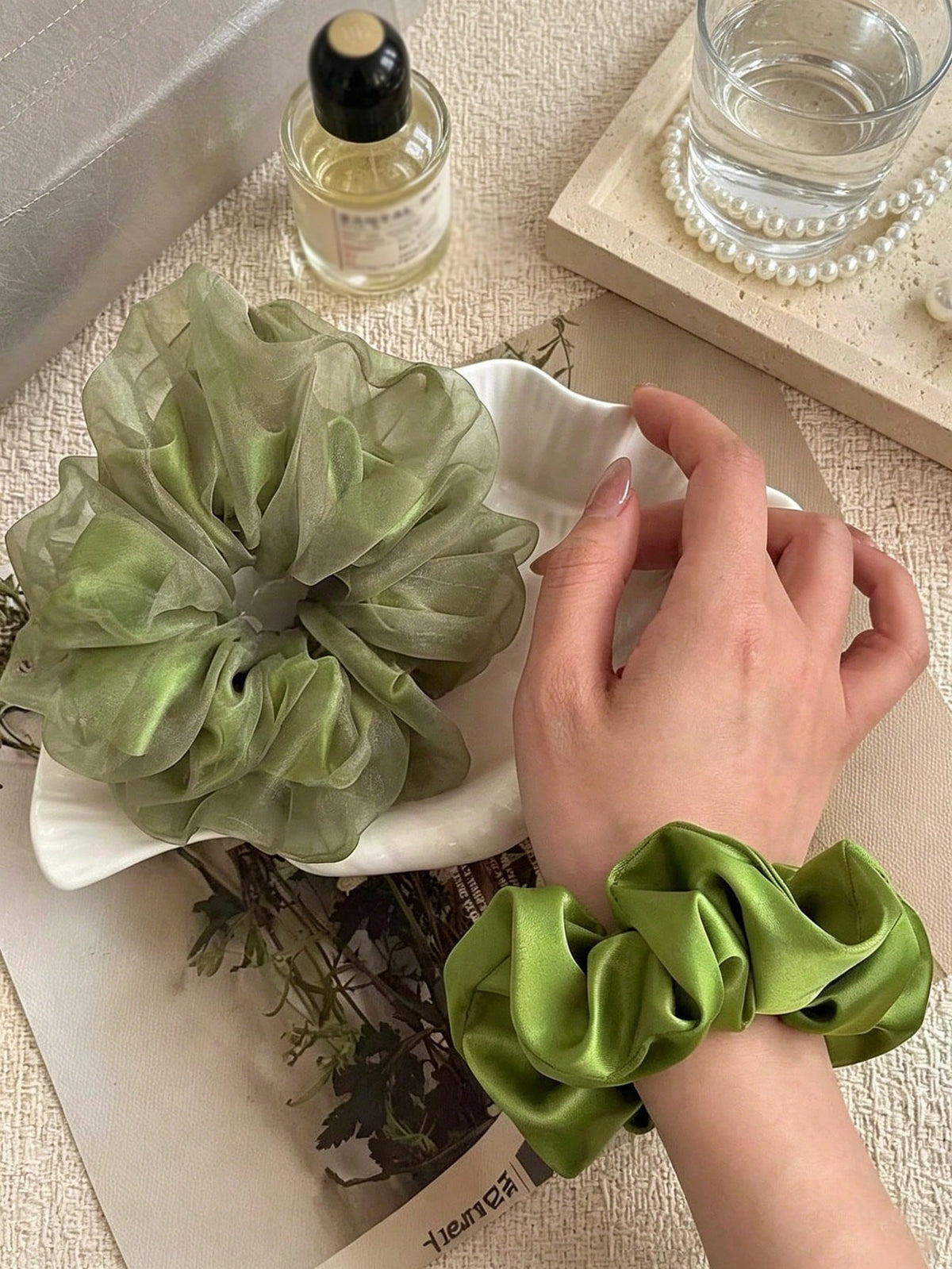2Pcs Apple Green Large Scrunchies Premium Mesh Hair Ties