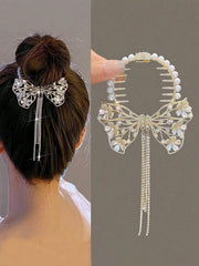 1pc Gold Metal Butterfly Floral Hair Barrette With Pearl & Crystal Tassel - www.thetreasurebox.me