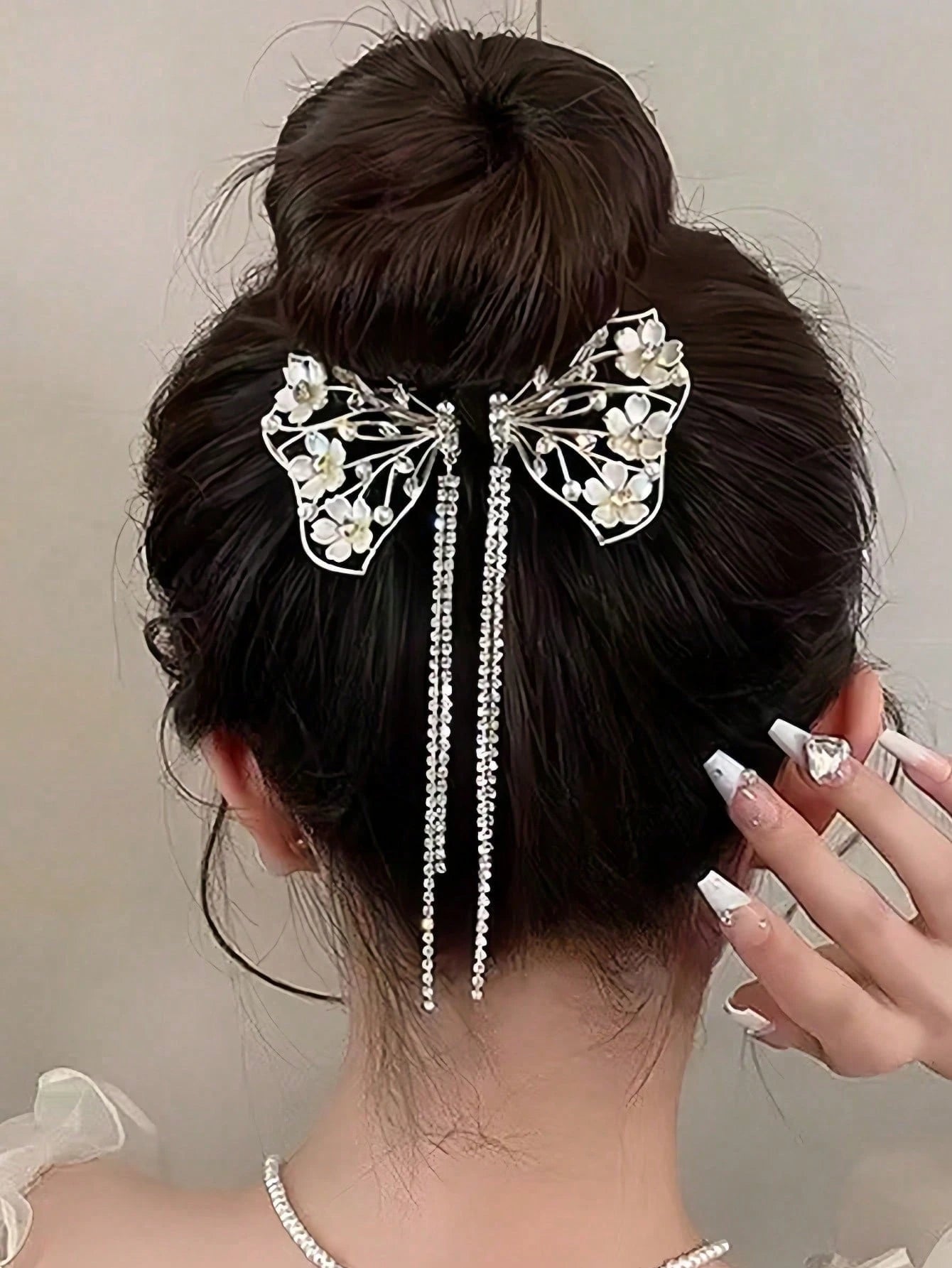 1pc Gold Metal Butterfly Floral Hair Barrette With Pearl & Crystal Tassel - www.thetreasurebox.me
