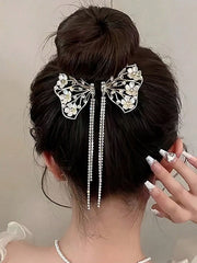1pc Gold Metal Butterfly Floral Hair Barrette With Pearl & Crystal Tassel - www.thetreasurebox.me