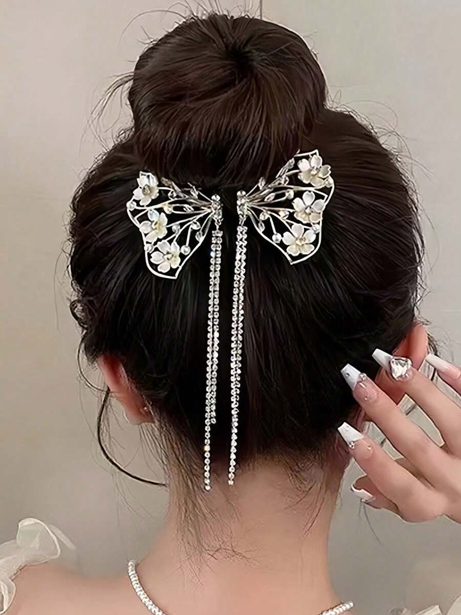 1pc Gold Metal Butterfly Floral Hair Barrette With Pearl & Crystal Tassel - www.thetreasurebox.me