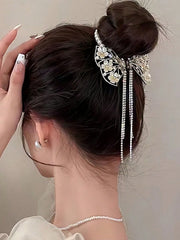 1pc Gold Metal Butterfly Floral Hair Barrette With Pearl & Crystal Tassel - www.thetreasurebox.me
