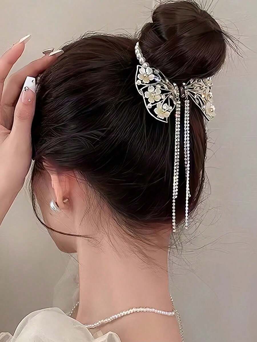 1pc Gold Metal Butterfly Floral Hair Barrette With Pearl & Crystal Tassel - www.thetreasurebox.me