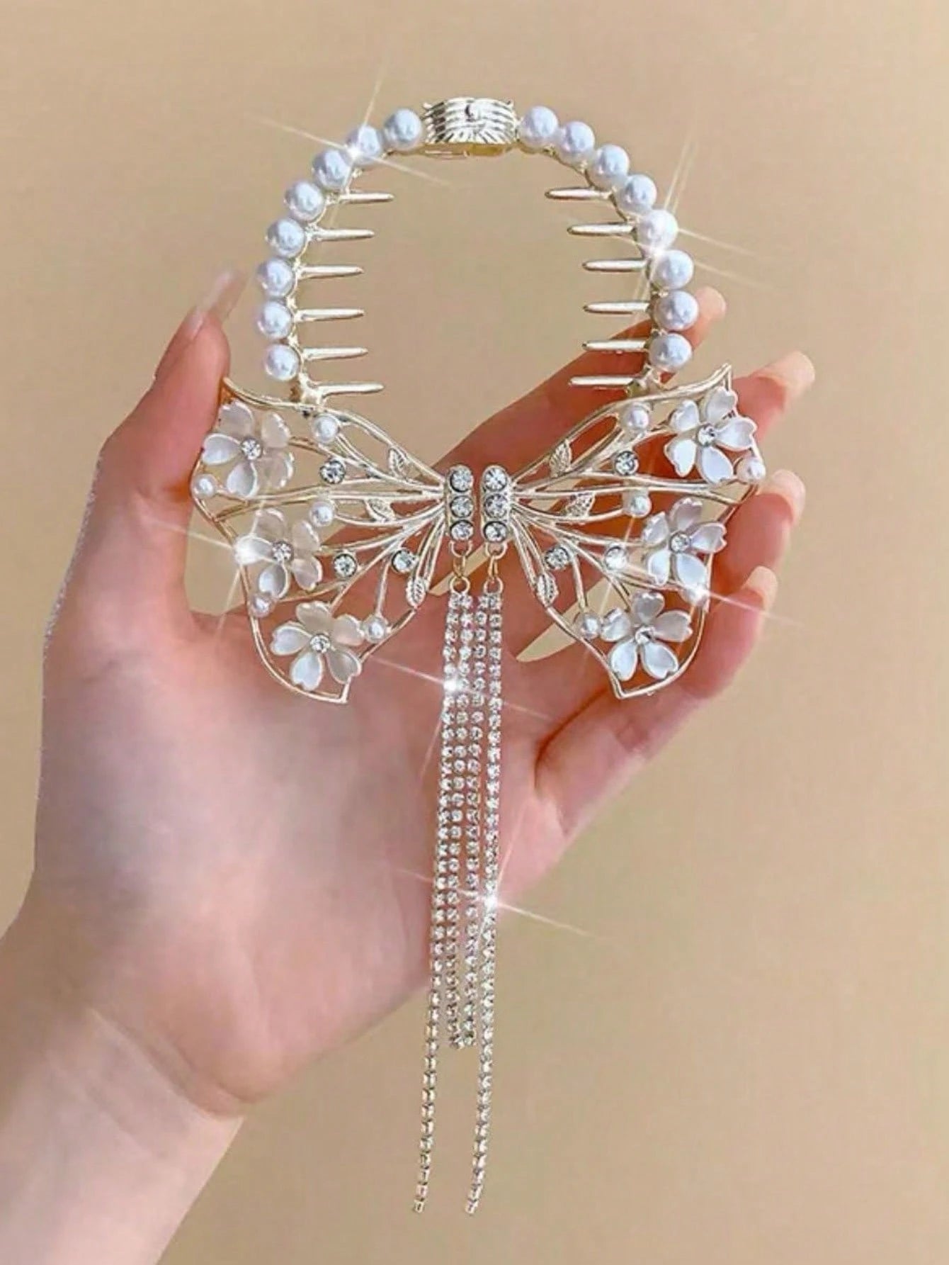 1pc Gold Metal Butterfly Floral Hair Barrette With Pearl & Crystal Tassel - www.thetreasurebox.me