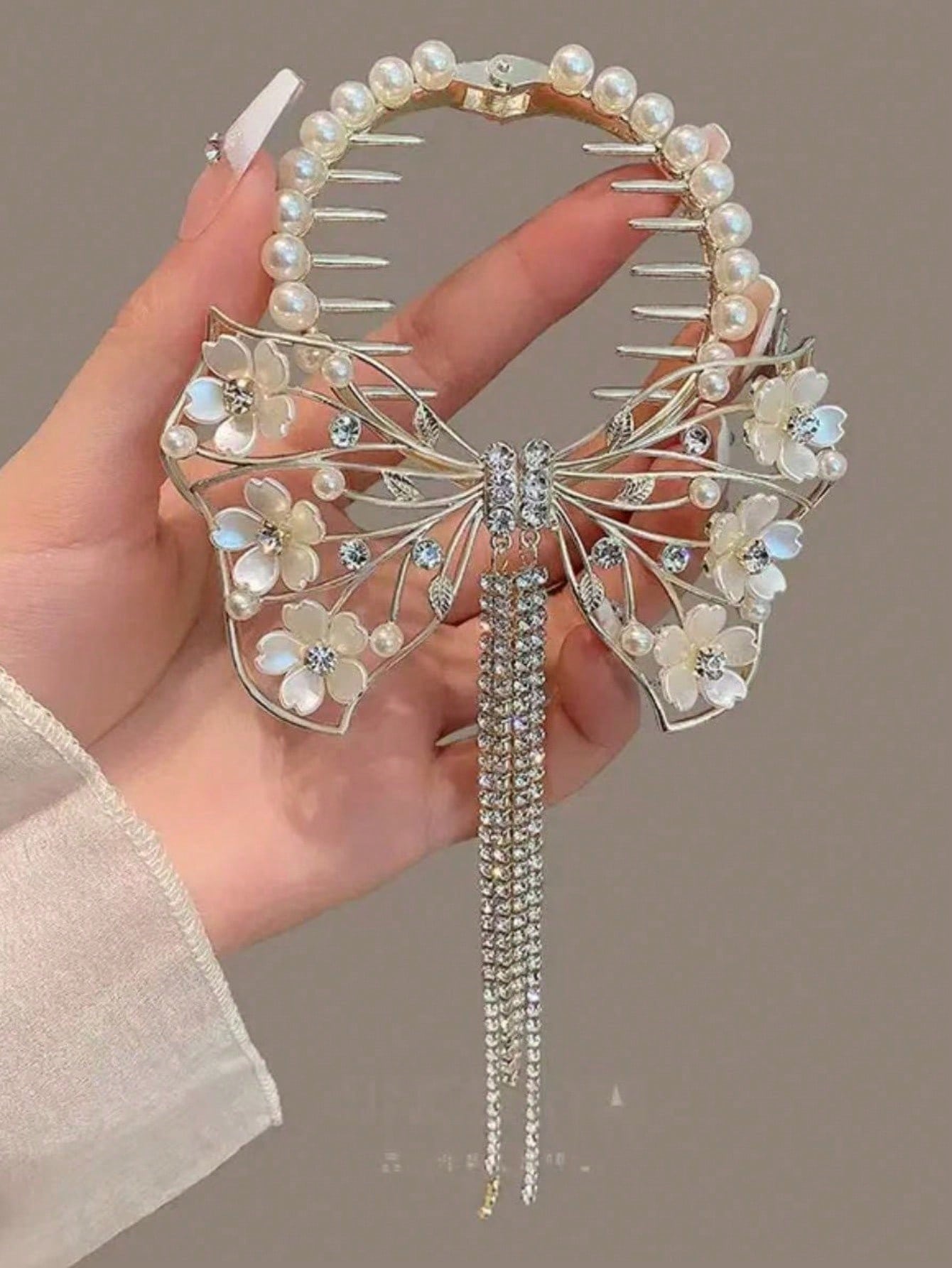 1pc Gold Metal Butterfly Floral Hair Barrette With Pearl & Crystal Tassel - www.thetreasurebox.me