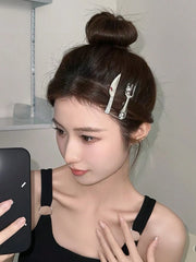 2pcs Sweet Cool Rhinestone Knife & Fork Hair Clips - www.thetreasurebox.me