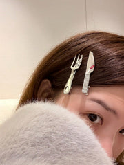 2pcs Sweet Cool Rhinestone Knife & Fork Hair Clips - www.thetreasurebox.me