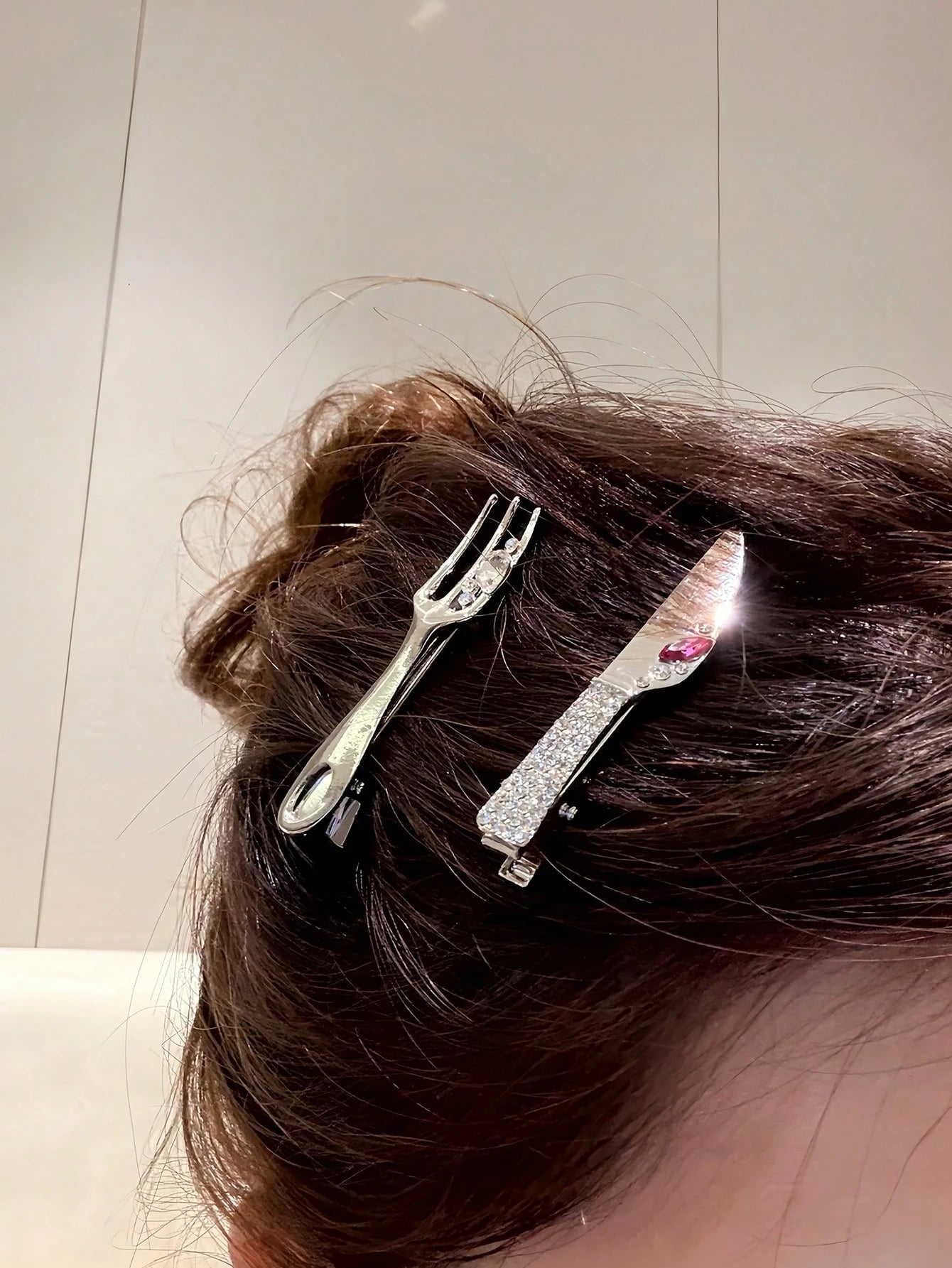 2pcs Sweet Cool Rhinestone Knife & Fork Hair Clips - www.thetreasurebox.me