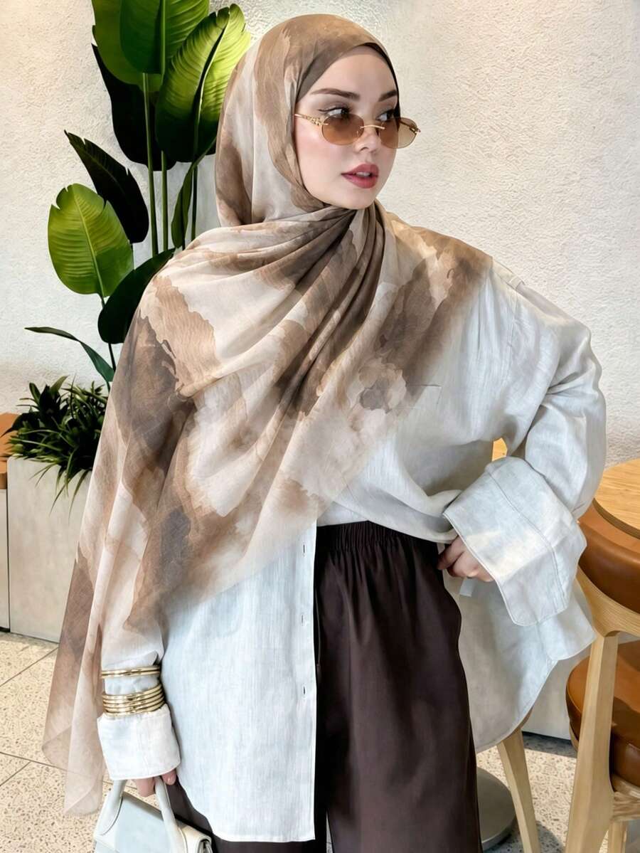 1pc Bohemian Watercolor Floral Print Headscarf