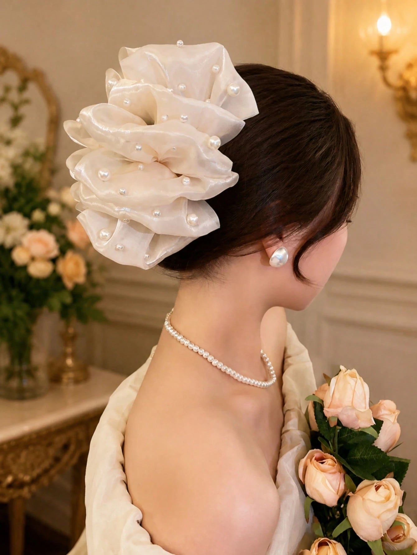 1pc Large Organza Pearl Hair Claw Clip