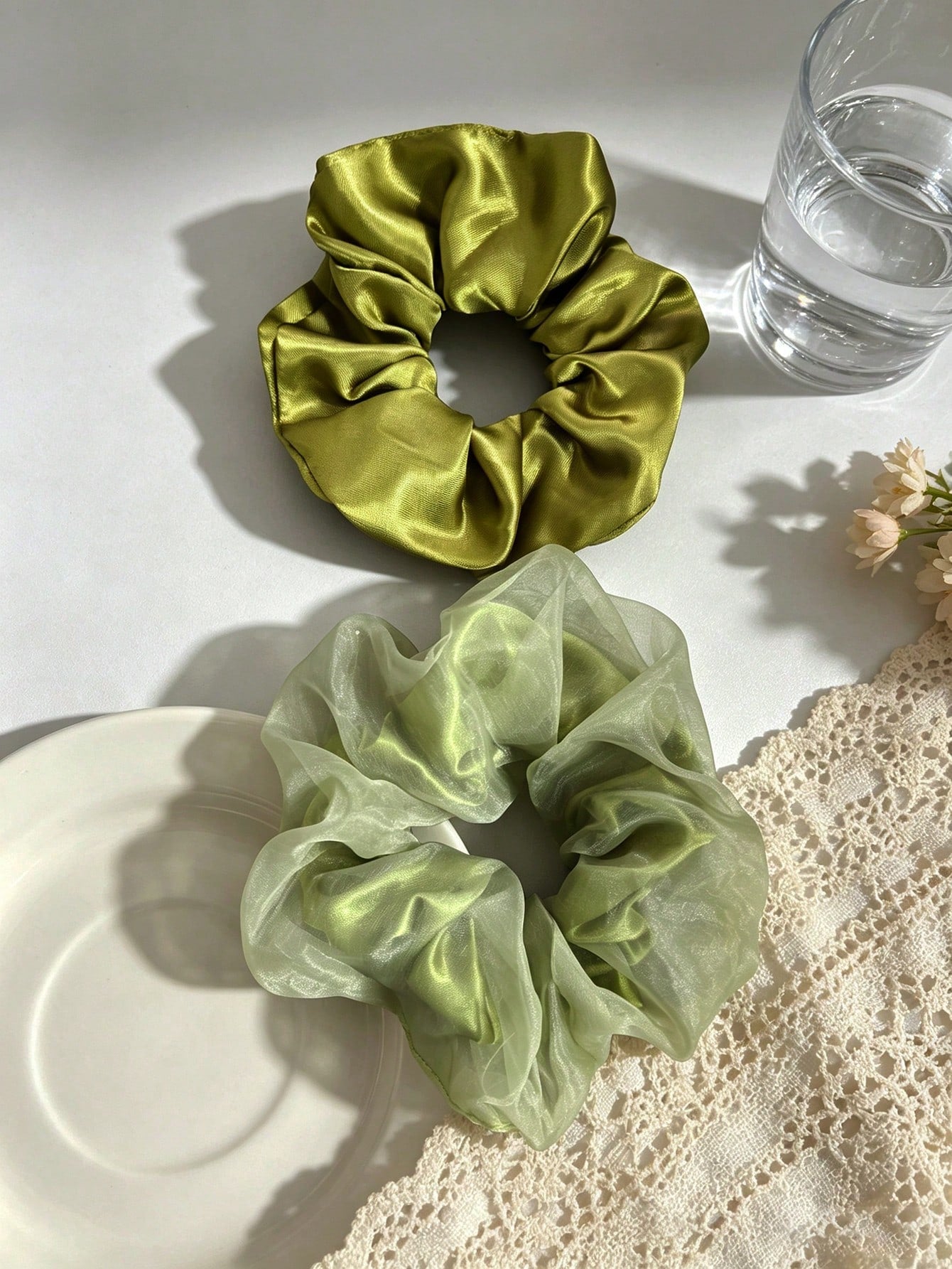 2Pcs Apple Green Large Scrunchies Premium Mesh Hair Ties