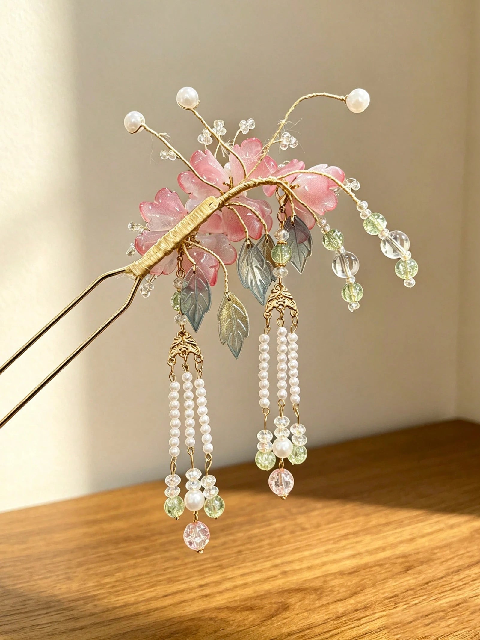 Gradient Pink Glass Flower Pearl Tassel Bridal Hair Stick