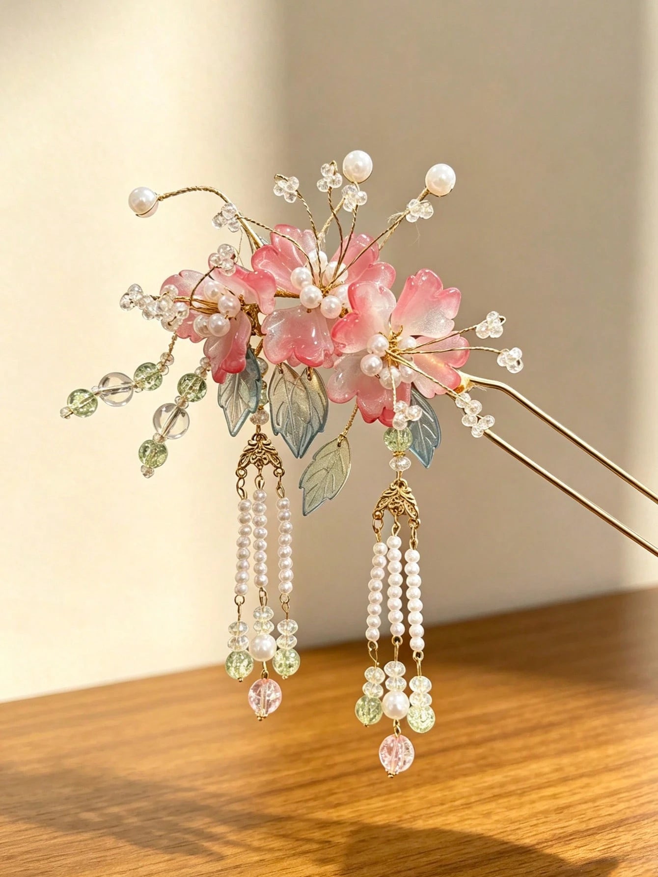 Gradient Pink Glass Flower Pearl Tassel Bridal Hair Stick