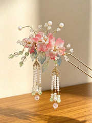 Gradient Pink Glass Flower Pearl Tassel Bridal Hair Stick