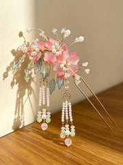 Gradient Pink Glass Flower Pearl Tassel Bridal Hair Stick
