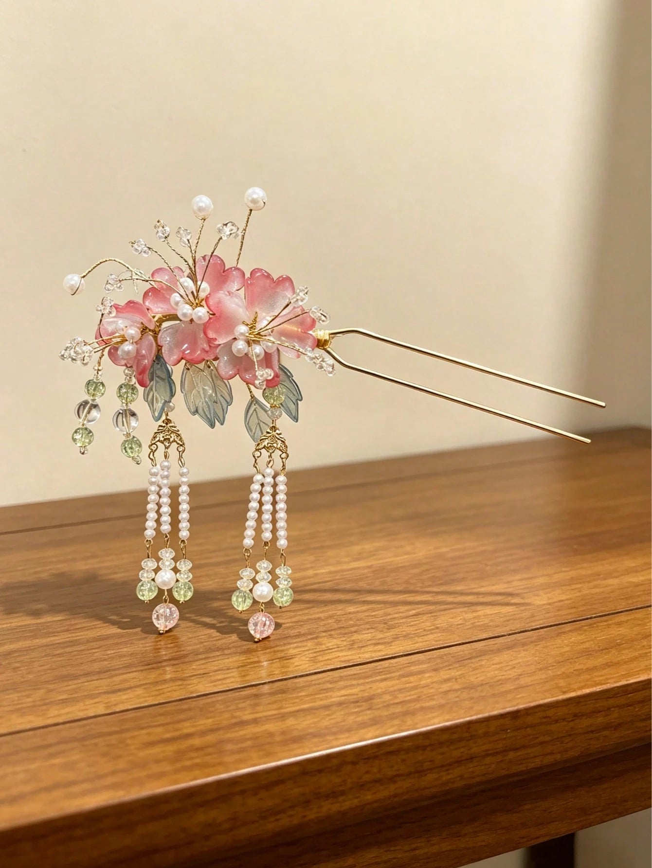 Gradient Pink Glass Flower Pearl Tassel Bridal Hair Stick