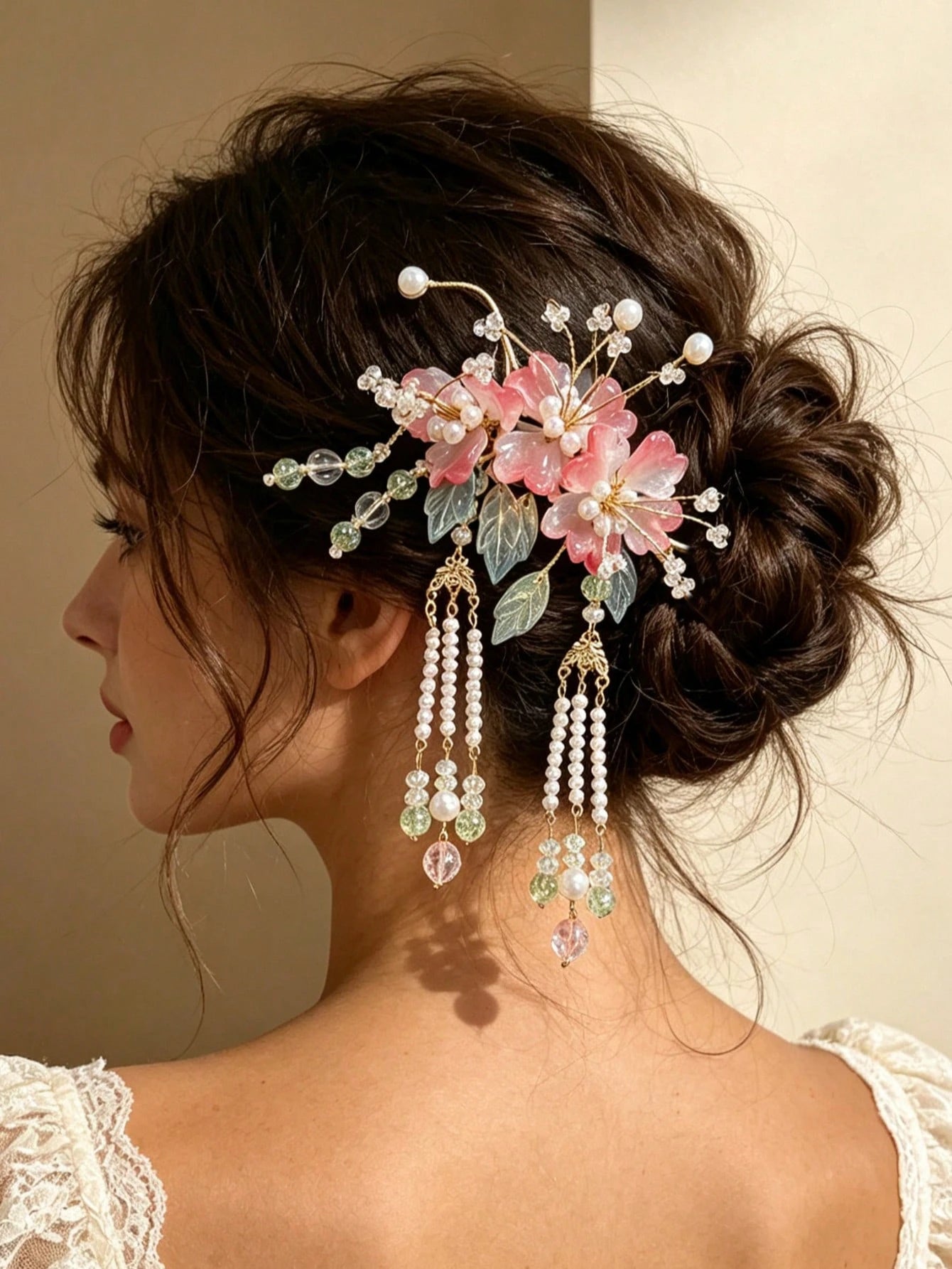 Gradient Pink Glass Flower Pearl Tassel Bridal Hair Stick