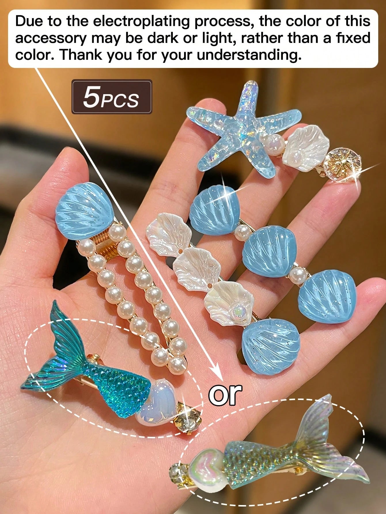 5pcs Blue Starfish & Shell Hair Clips