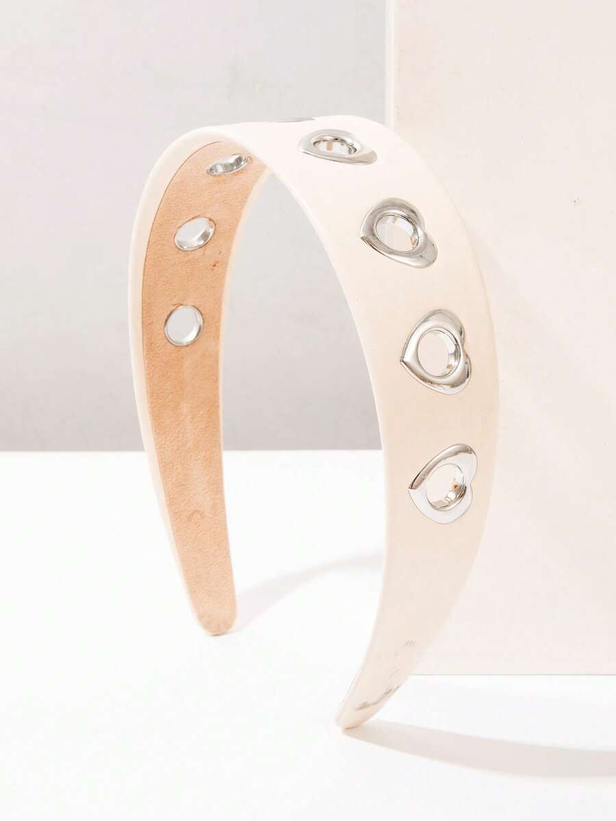 PU Leather Heart Eyelet Wide Headband - White