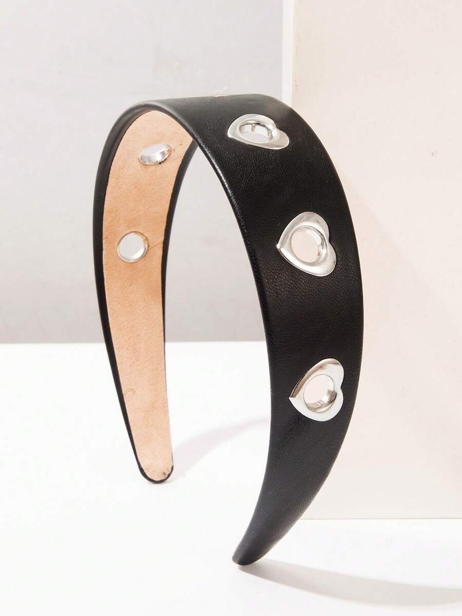 PU Leather Heart Eyelet Wide Headband